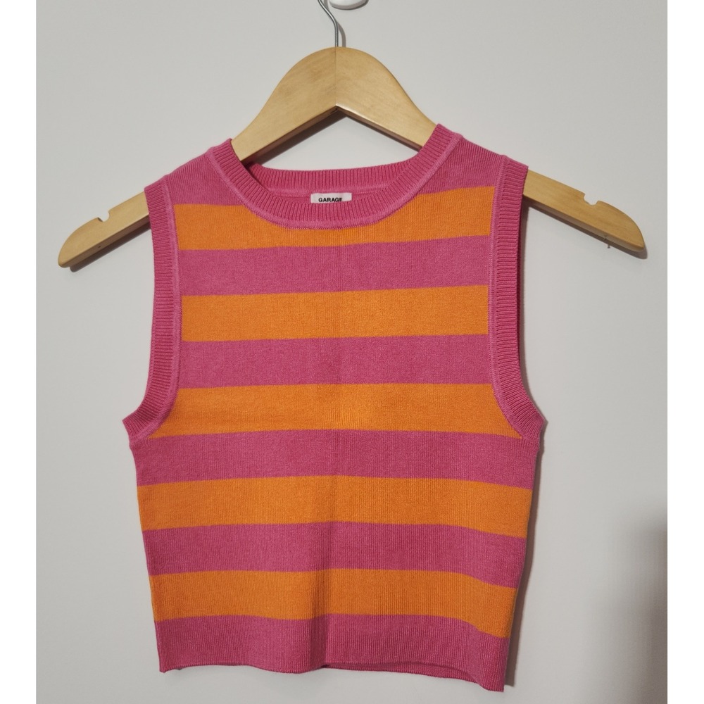 Garage Striped Sweater Vest Pink Orange Knit Crop Tank Top Sleeveless Size S - Picture 5 of 8